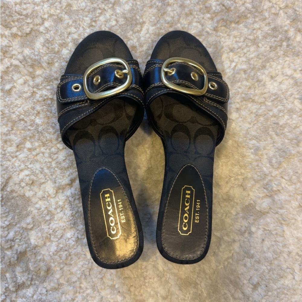 Y2K Coach Navy Blue Wedges with Gold Buckle
